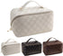 Large Capacity Brown Checkered Makeup Bag, Portable Open-Flat Toiletry Organizer for Women with Divider Pouch