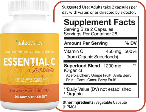 Paleovalley Essential C Complex, Vitamin C Supplement for Immune Support, 450mg, Organic Superfoods, USA Made