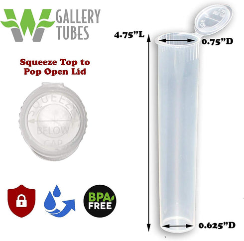 W Gallery 10 Clear 116mm OPEN CAP Pop Top Tubes - Airtight Smell Proof Containers - Plastic Medical Grade Prescription Bottles for Pills Herbs Flowers Supplements, Bulk Pack, Not Glass Jars