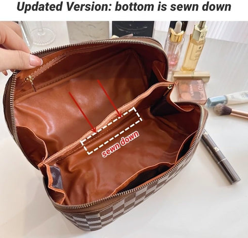 Large Capacity Checkered Makeup Bags - Portable Travel Cosmetic Bags with Divider and Handle Pouch (A-Black)