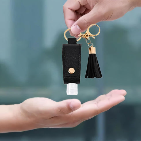 4 Pack Small Hand Sanitizer Keychain: Portable Leather Empty Bottles for Toiletry, Shampoo, Lotion, Soap