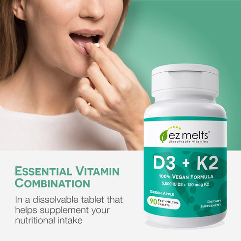 EZ Melts Dissolvable Vitamin D3 K2 5,000 IU, Sugar-Free Bone & Joint Support, 3-Month Supply