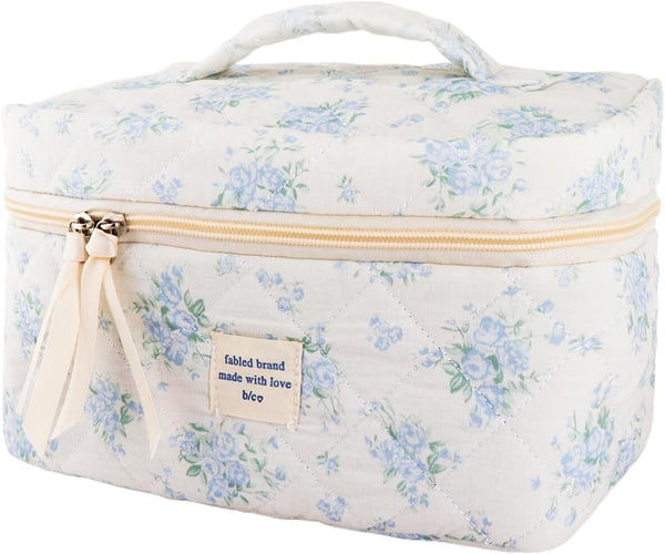 Quilted Cotton Makeup Bag - Blue Cute Floral Travel Cosmetic Bags, Large Aesthetic Skincare Pouch for Women