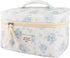 Quilted Cotton Makeup Bag - Blue Cute Floral Travel Cosmetic Bags, Large Aesthetic Skincare Pouch for Women