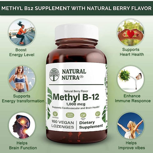 Natural Nutra Vegan Methyl B12 1000mcg, Heart Health Energy Booster, 100 Vegan Lozenges