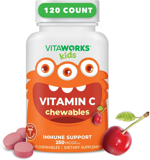 Kids Vitamin C Chewable Tablets 250mg - Vegan, Gluten Free, Nut Free - Tasty Natural Cherry Flavor - 120 Chewables