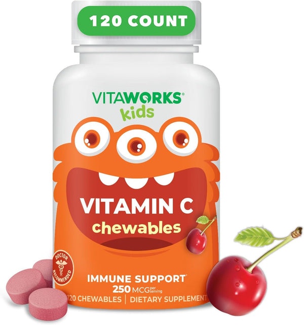 Kids Vitamin C Chewable Tablets 250mg - Vegan, Gluten Free, Nut Free - Tasty Natural Cherry Flavor - 120 Chewables