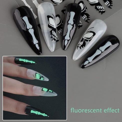 6 Sheets Halloween Nail Art Stickers, Luminous 3D Self Adhesive Glow in The Dark Designs for Halloween Nail Decorations