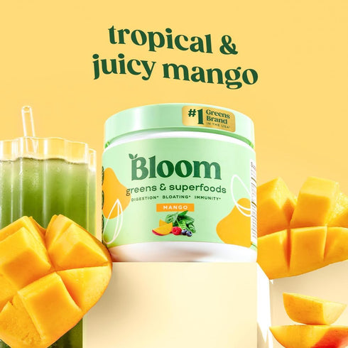 Bloom Nutrition Superfood Greens Powder, Digestive Enzymes, Probiotics, Gut Health, 30 SVG, Mango