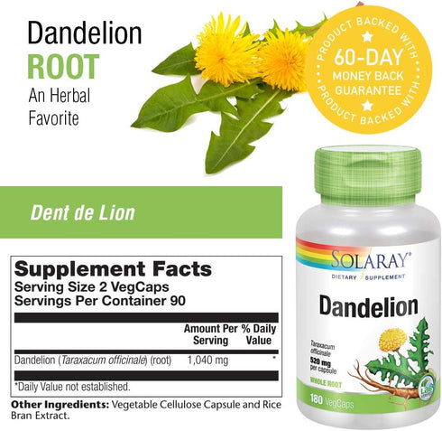 SOLARAY Dandelion Root 1040mg | 180 VegCaps | Healthy Liver, Kidney, Digestion & Water Balance Support