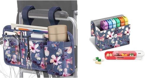 FINPAC Wheelchair Side Organizer Bag with Cup Holder, Weekly Pill Organizers (Blooming