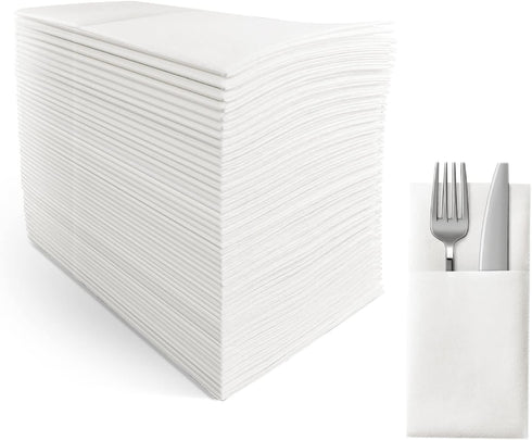 SUZZYVINE Disposable Dinner Napkins with Flatware Pocket, Cloth Like Lunch Napkins for Wedding Party, 50 Count 16" x 16"