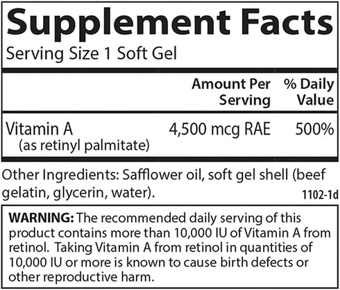 Carlson Vitamin A, 15000 IU Palmitate - Vision Health & Immune Function, 240 Softgels