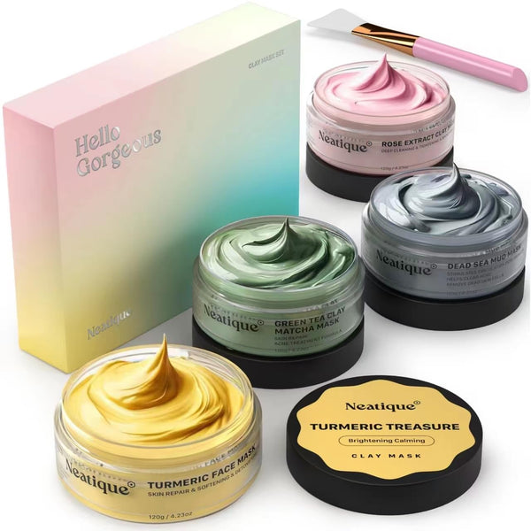 Neatique Face Masks Skincare Set, 480g (120gx4) High Capacity Facial Mask Set with Turmeric, Green Tea, Rose, Mud