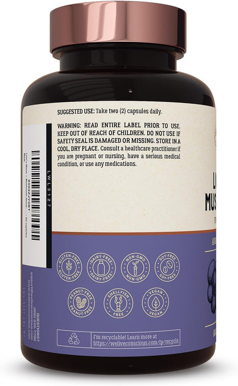 Live Conscious Lions Mane Mushroom Supplement - Brain Support with Lion's Mane, Cordyceps, Reishi, Turkey Tail