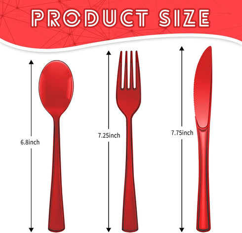 150 Pack Plastic Silverware,Disposable Cutlery Set Heavy Duty Utensil Sets 50 Forks 50 Knives 50 Spoons for Brithday, Wedding,Home Office School Party Picnics Restaurant Outdoor Events (Red) by JSQBSECL