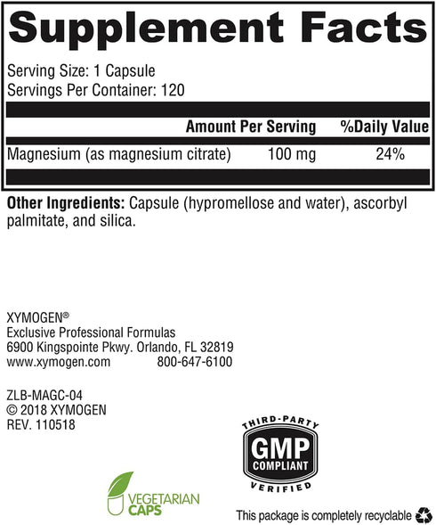 XYMOGEN Magnesium Citrate Capsules - Vegan Supplement for Women + Men - 120 Pills for Regularity, Muscle, Bone, Heart