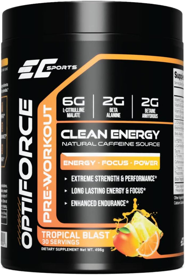 OptiForce Pre-Workout Tropical Blast Supplement Powder, Clean Energy & Natural Caffeine (30 Servings)