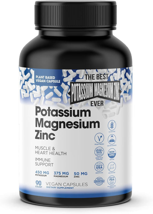 Magnesium Potassium Zinc Supplements - 90 Capsules for Vascular Health – High Absorption Vegan Supplement