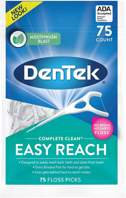 DenTek Complete Clean | Easy Reach Angled Floss Picks, No Break & No Shred Floss, 75 Count in Each (Pack of 5)