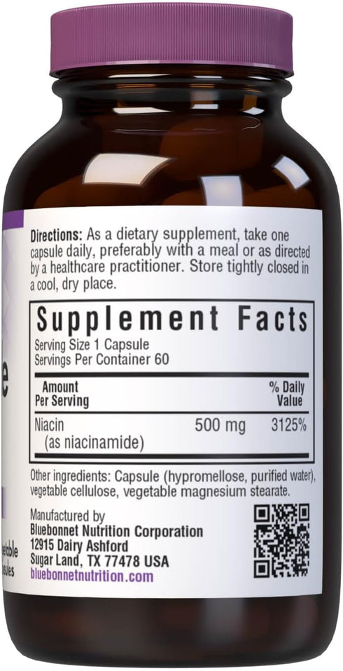 Bluebonnet Nutrition Niacinamide 500mg, Supports Cardiovascular Health, 60 Vegetable Capsules, Vegan