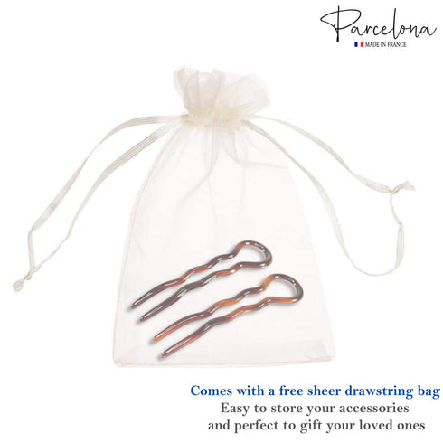 Parcelona French Sleek Tortoise Shell Large Hair Pin Sticks, 3 1/2" Celluloid, Set of 2 for Women and Girls