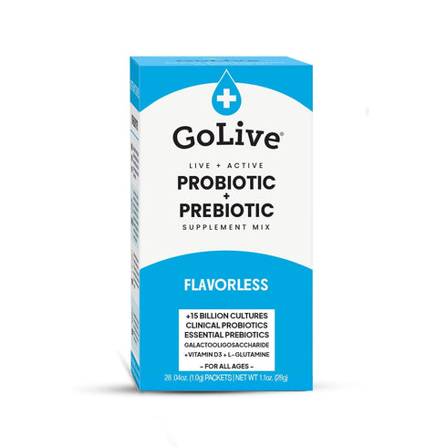 GoLIVE PROBIOTIC + PREBIOTIC SYNBIOTIC POWDER BLEND, Flavorless/Sugarless, 10B-50B CFUs for Gut Health, Digestion &