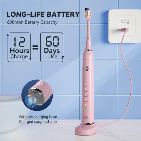 JTF Sonic Electric Toothbrush with Travel Case and 6 Brush Heads, Fast Charging for 60 Days, 5 Modes (Pink)