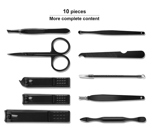 Manicure Set, Travel Mini Nail Clippers Kit, 10pcs Stainless Steel Grooming Tools (Black)