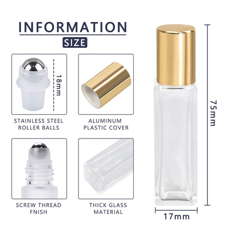 wifreo 12Pcs 10ml Glass Roll On Bottle for Essential Oils, Eco-friendly Refillable Clear Perfume Sample Bottles with Stainless Steel Roller Ball - Portable & Practical