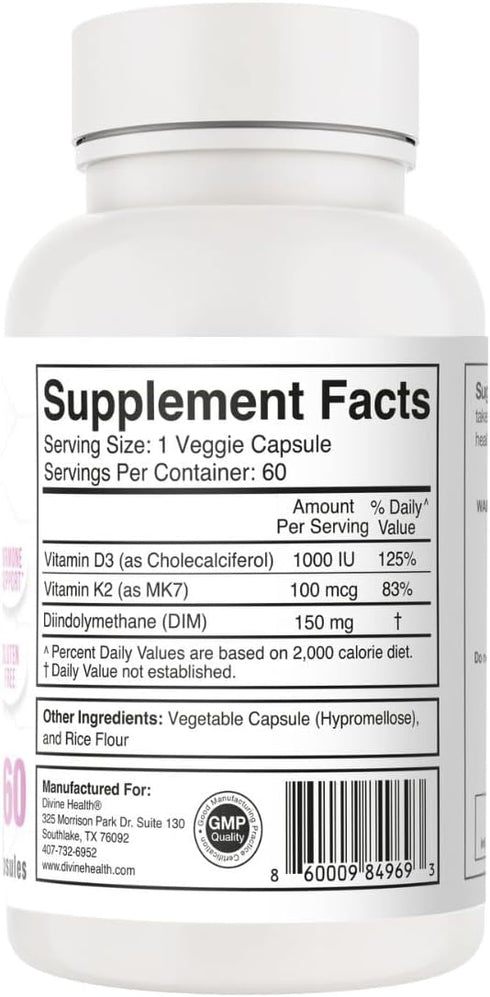 Divine Health's Hormone Zone, 150mg DIM, 100mcg Vitamin K2, 1000IU Vitamin D3, 60 Capsules, 60 Day Supply