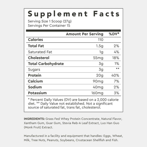Alaya Naturals Grass Fed Whey Protein Powder - Vanilla Flavor, All Natural, Hormone Free - 20g Protein per Serving