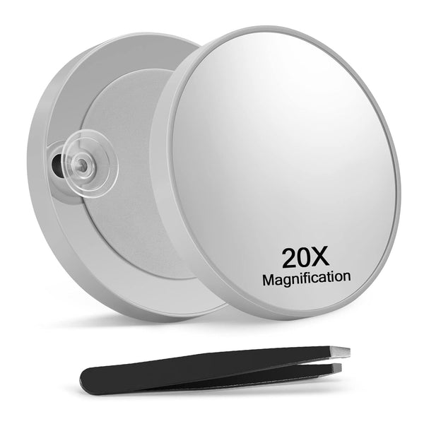 20X Magnifying Makeup Mirror with 2 Suction Cups, 3.5 inches, Grey, Includes Slant Tweezers, 1PCS