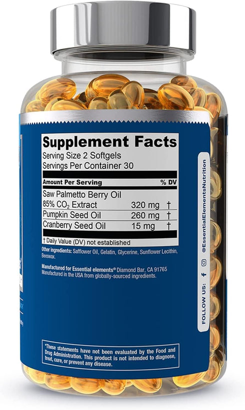 Saw Palmetto Plus, 60 Softgels Prostate Health Supplement with Pumpkin & Cranberry Seed Oil