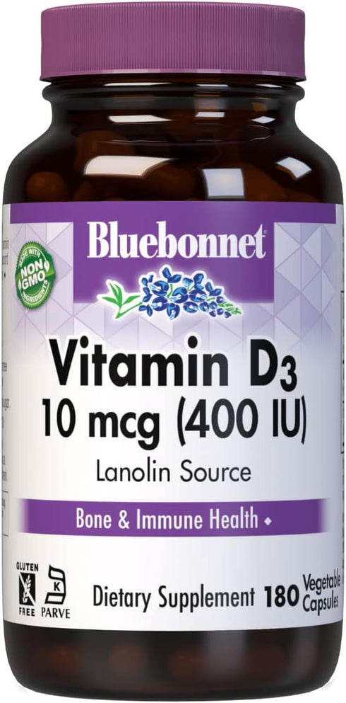 BlueBonnet Nutrition Vitamin D3 400 IU Vegetable Capsule, Aids in Muscle and Skeletal Growth, Non-GMO, Gluten Free, 180