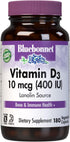 BlueBonnet Nutrition Vitamin D3 400 IU Vegetable Capsule, Aids in Muscle and Skeletal Growth, Non-GMO, Gluten Free, 180