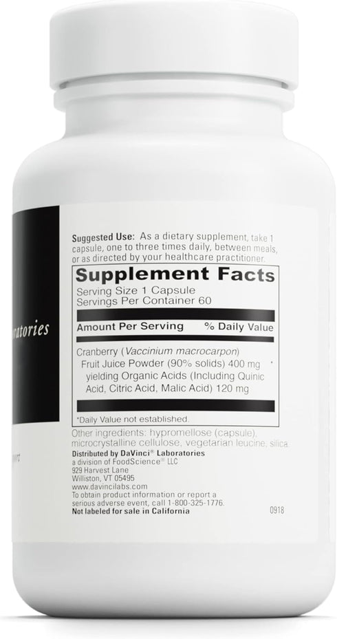 DAVINCI Labs Cranberry - Supports Urinary Tract Health* - Dietary Supplement with Citric Acid and Malic Acid from Cranberry Fruit Juice Powder - Vegetarian - Gluten-Free - 60 Cranberry Capsules