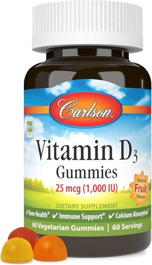 Carlson Vitamin D3 Gummies, 1000 IU, Bone Health, Immune Support, 60 Vegetarian Gummies, Natural Fruit Flavors