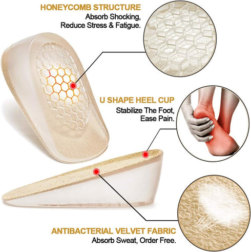 Ailaka 2 Pairs Gel Height Increase Insole, Invisible Heel Lift Inserts, Elastic Shock Absorption Pads, 3 Heights for