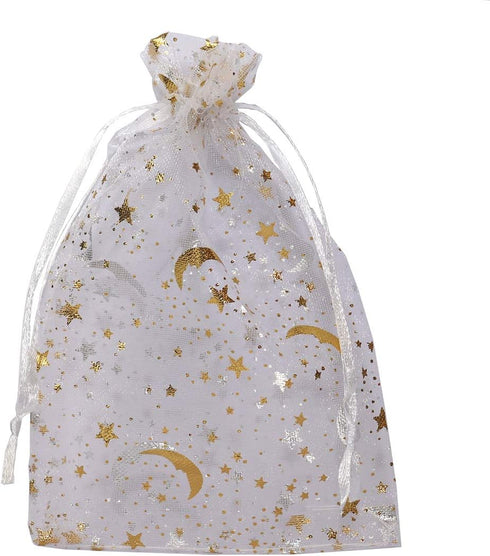 100Pcs Sheer Organza Drawstring Pouches 4x6 Inches, Stars and Moon Wedding Party Favor Gift Bags