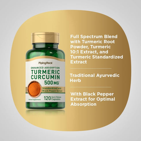 Piping Rock Turmeric Curcumin with Black Pepper | 500mg | 120 Capsules | Non-GMO, Gluten Free Complex Supplement