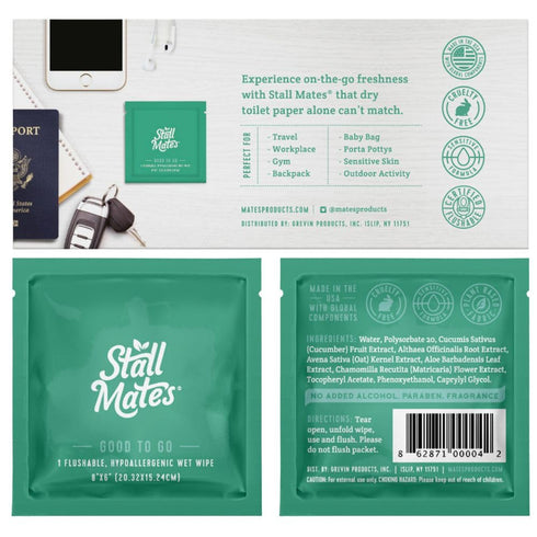 Stall Mates Flushable Wipes - Individually Wrapped, Travel Friendly, Unscented with Vitamin-E & Aloe, 30 Singles