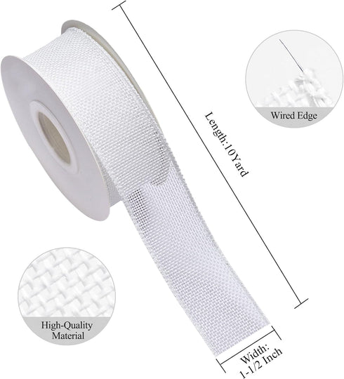 White Wired Burlap Ribbon, 1-1/2 Inch x 10 Yard for Decoration, Bows, Craft, Gift Wrapping, Wreath Sewing