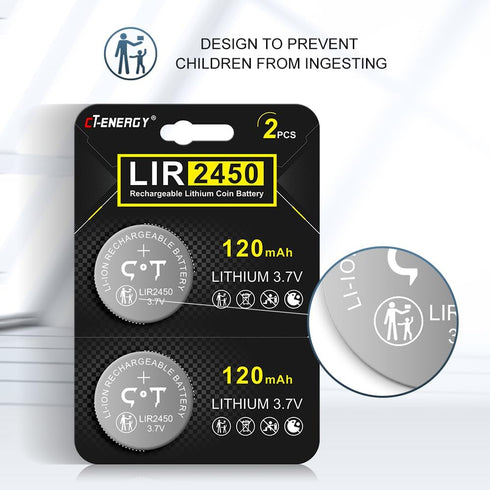 Rechargeable CR2450 Batteries 2 Pack High Capacity 3.7V Lir2450 Button Battery