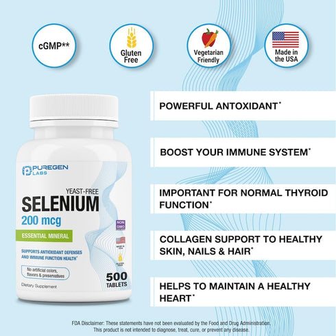 Puregen Labs Selenium 200 mcg Yeast Free Essential Mineral - 500 Vegetarian Tablets for Immune & Antioxidant Support,