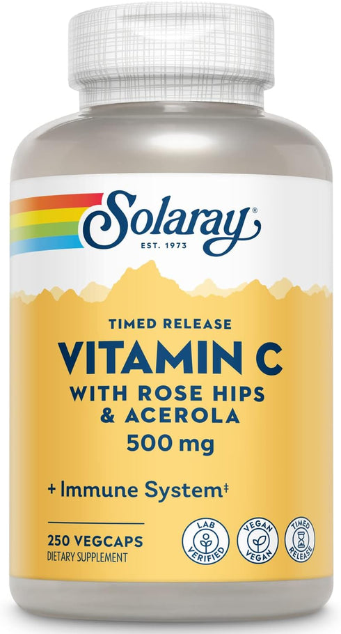 SOLARAY Vitamin C w/Rose Hips & Acerola, 500mg, 250 CT, Two-Stage, Timed-Release for Healthy Immune Function, Skin,