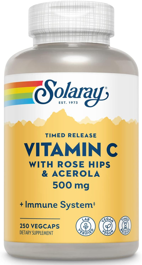 SOLARAY Vitamin C w/Rose Hips & Acerola, 500mg, 250 CT, Two-Stage, Timed-Release for Healthy Immune Function, Skin,