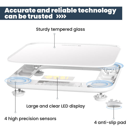 Digital Bathroom Scale for Body Weight, Accurate Weight Scale up to 440lbs, Sturdy Tempered Glass, LED Display