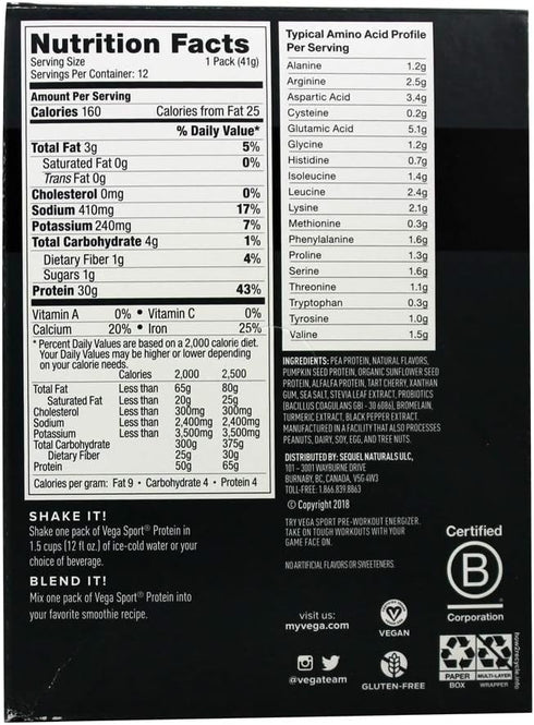 Vega Sport Premium Vegan Protein Powder, Vanilla - 30g Plant Based Protein, 5g BCAAs, Low Carb, 12 x 1.6 oz Sachets