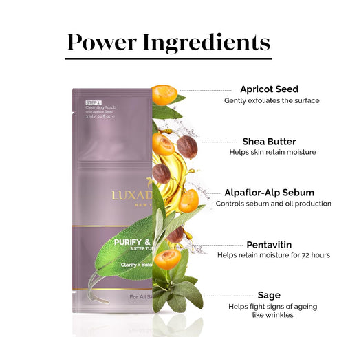 LuxaDerme 3 Step Purify & Protect Tune-Up Kit - Cleansing Scrub, Bio Cellulose Sheet Mask, Booster Cream (Pack of 5)